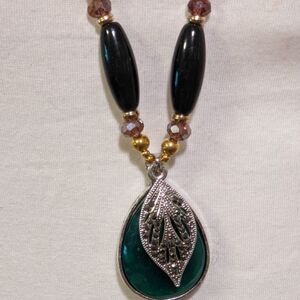 Vintage crystal, bead & green glass like medallion necklace